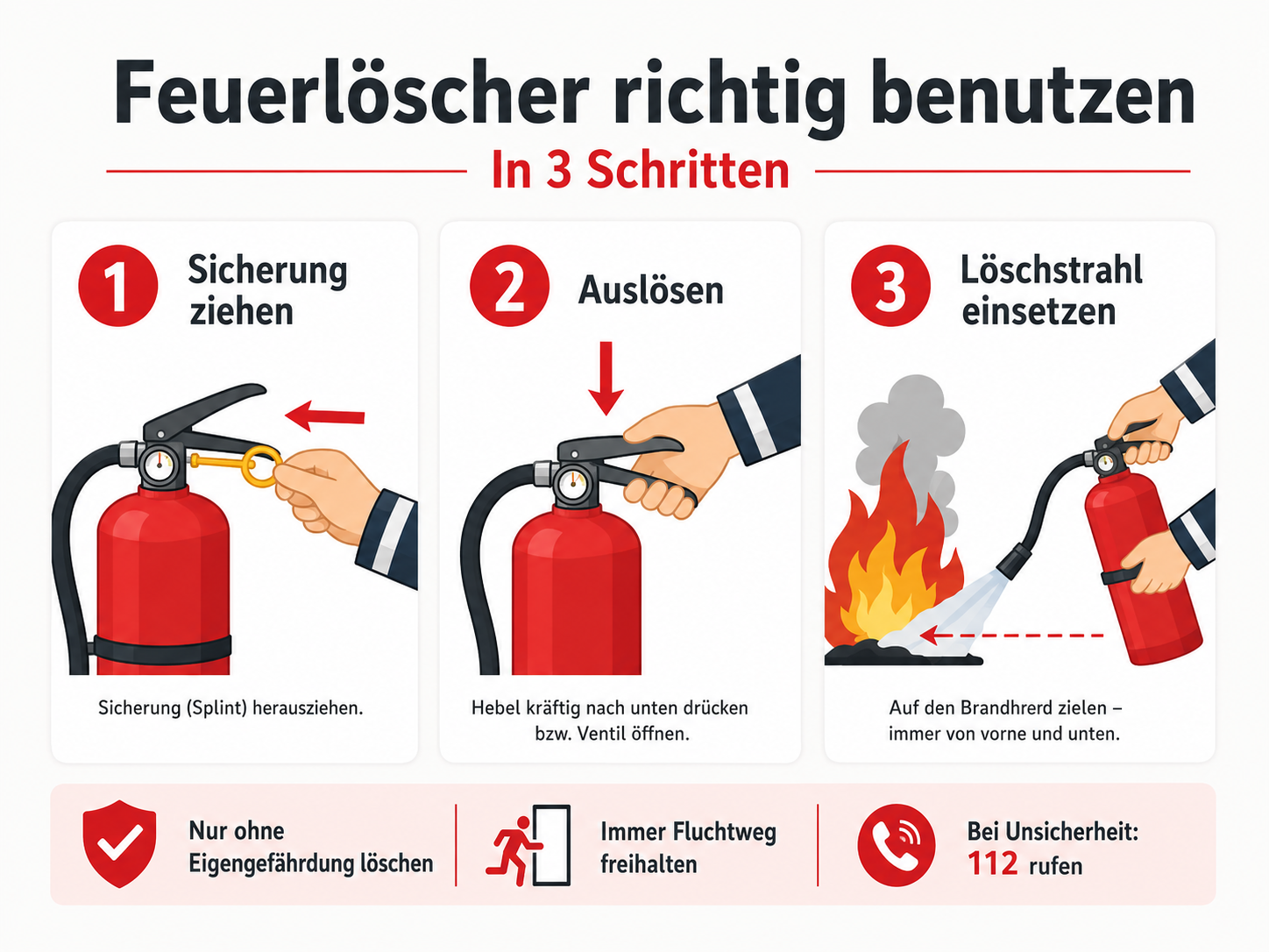 Schaubild zur Bedienung eines Feuerlöschers in drei Schritten