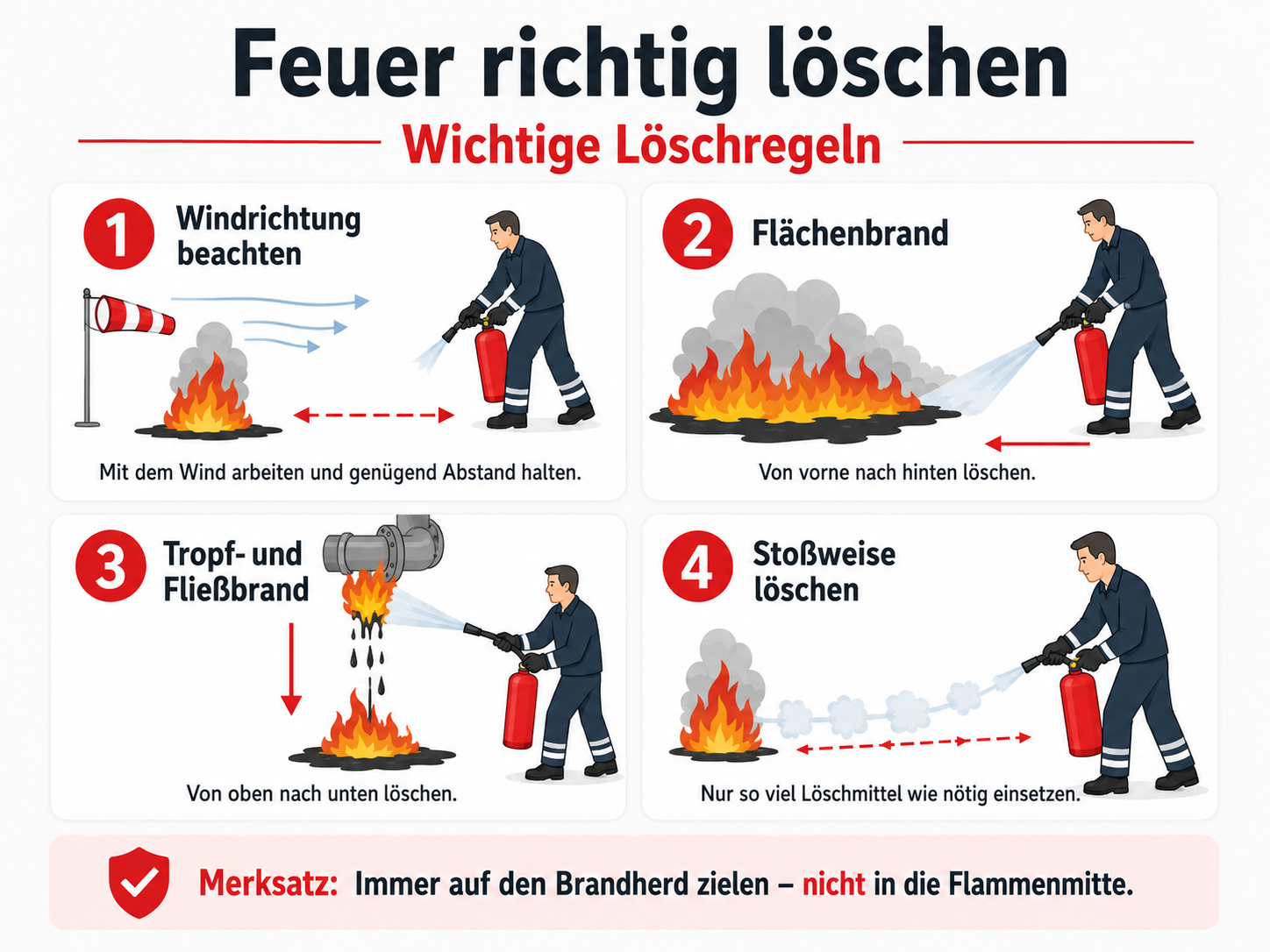 Infografik mit wichtigen Löschregeln für Feuerlöscher
