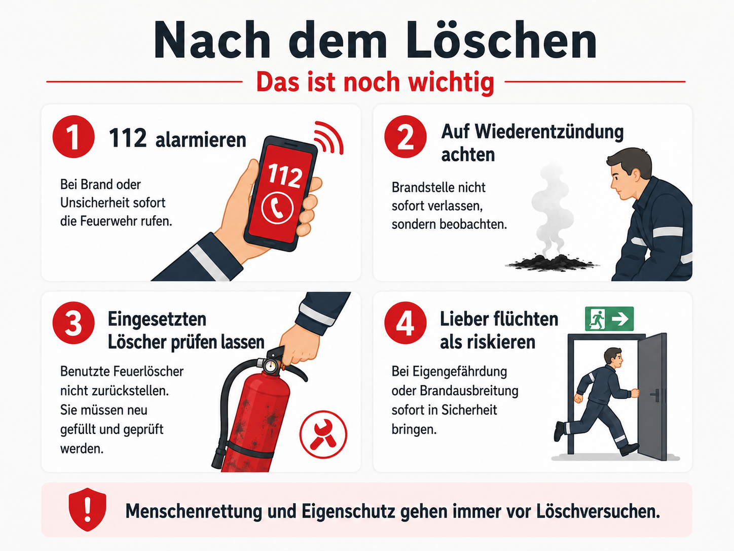 Sicherheitsanweisungen nach dem Löschen mit einem Feuerlöscher