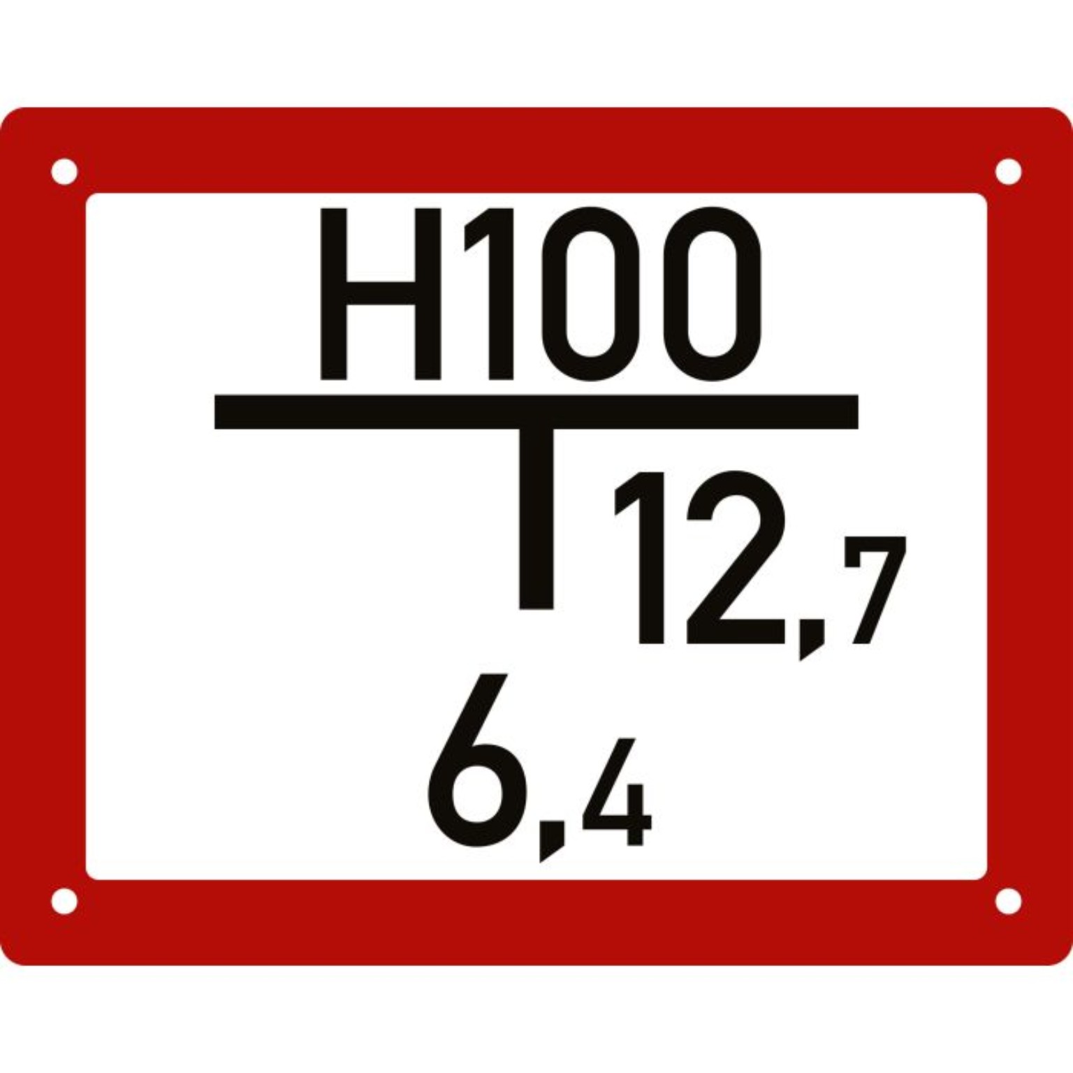 Beispiel eines Hydrantenschilds mit den Angaben H100, 12,7 und 6,4 zur Lage eines Unterflurhydranten.