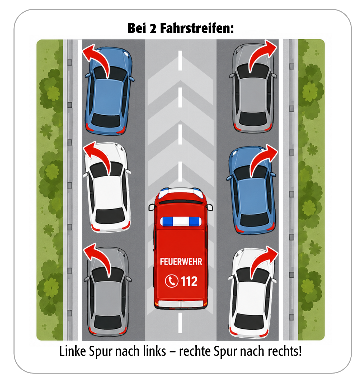 Schaubild zur Rettungsgasse bei zwei Fahrstreifen: linker Fahrstreifen weicht nach links aus, rechter Fahrstreifen nach rechts.